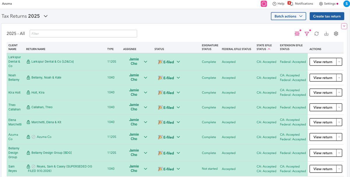 The same list with accepted returns filled green