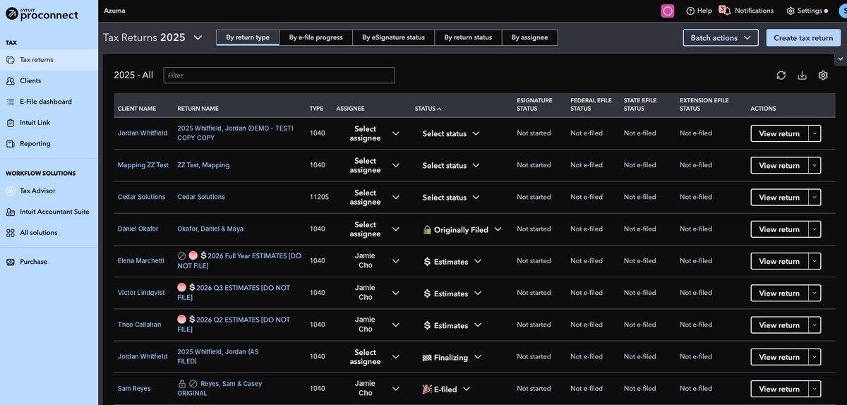 The same Tax Returns list with ProConnect Power Tools dark mode on