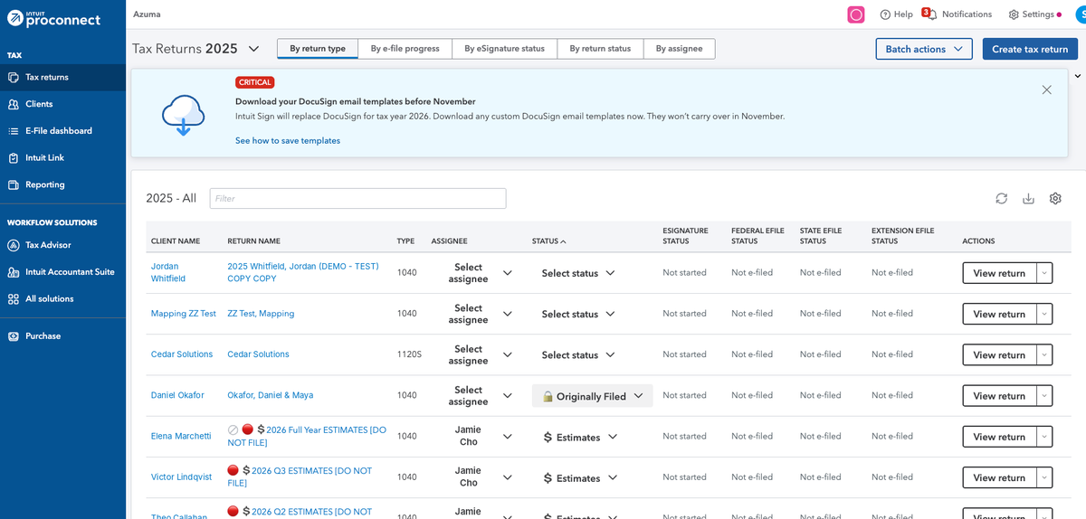 The Tax Returns list with Intuit's announcement banner taking up the top of the page